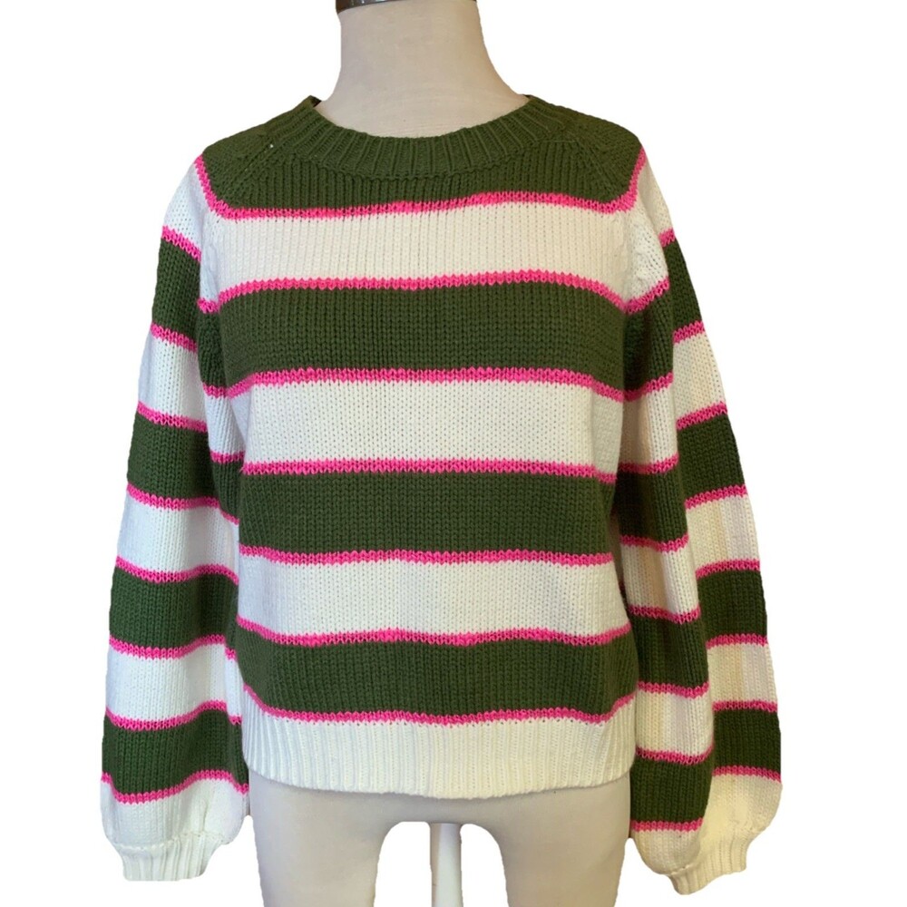 &Merci Striped Crewneck Sweater Pink/Grn Medium Nautical Beachy Cropped Coastal
